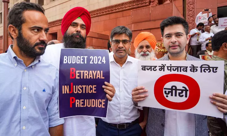 INDIA bloc MPs protest over discrimination against opposition-ruled states in Union Budget