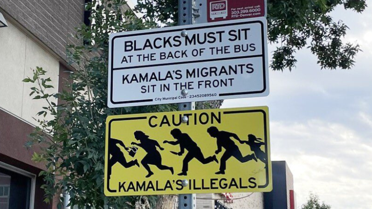 racist, anti-immigrant harris signs at denver bus stops: 'kamala's illegals'