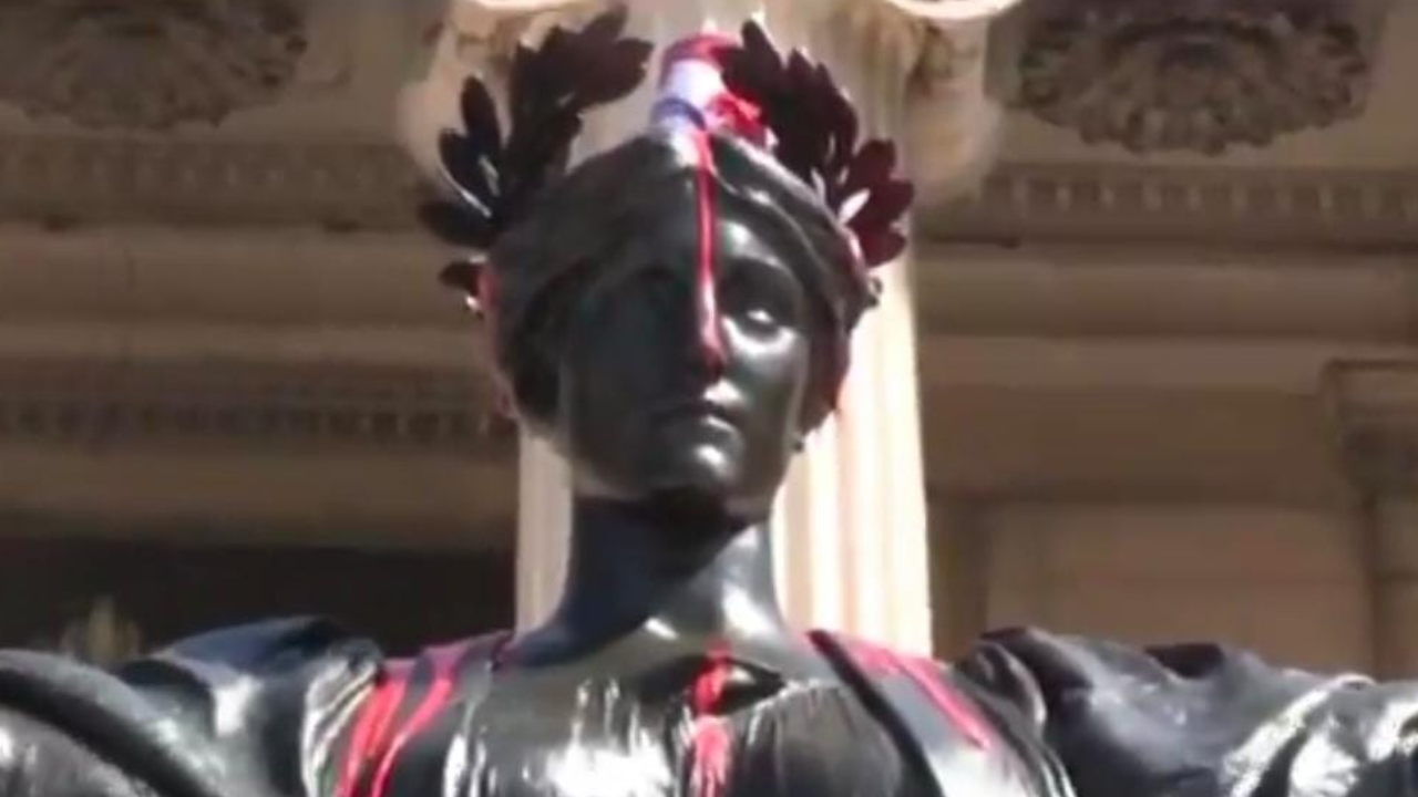 columbia university's alma mater statue vandalized as pro-palestinian protests resume on campus| video