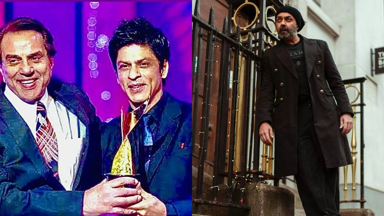 dharmendra drops throwback pic with 'beta' shah rukh khan from an award show. bobby deol reacts