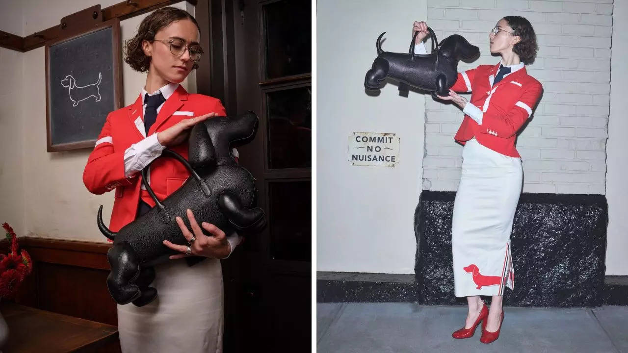 ella emhoff's fashionable run continues; spotted carrying thom browne's signature dachshund-shaped hector bag