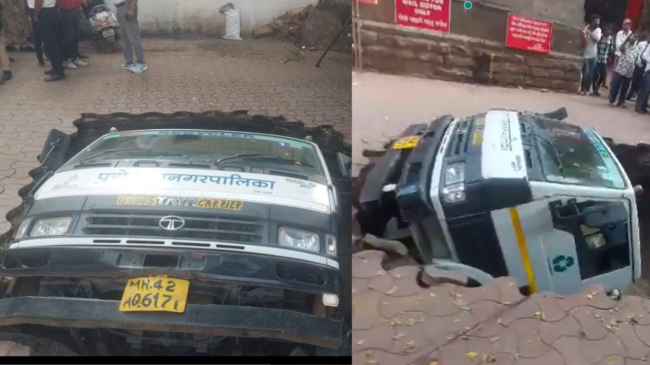 on cctv: truck sucked into deep pit as pune road sinks in leaving onlookers shocked