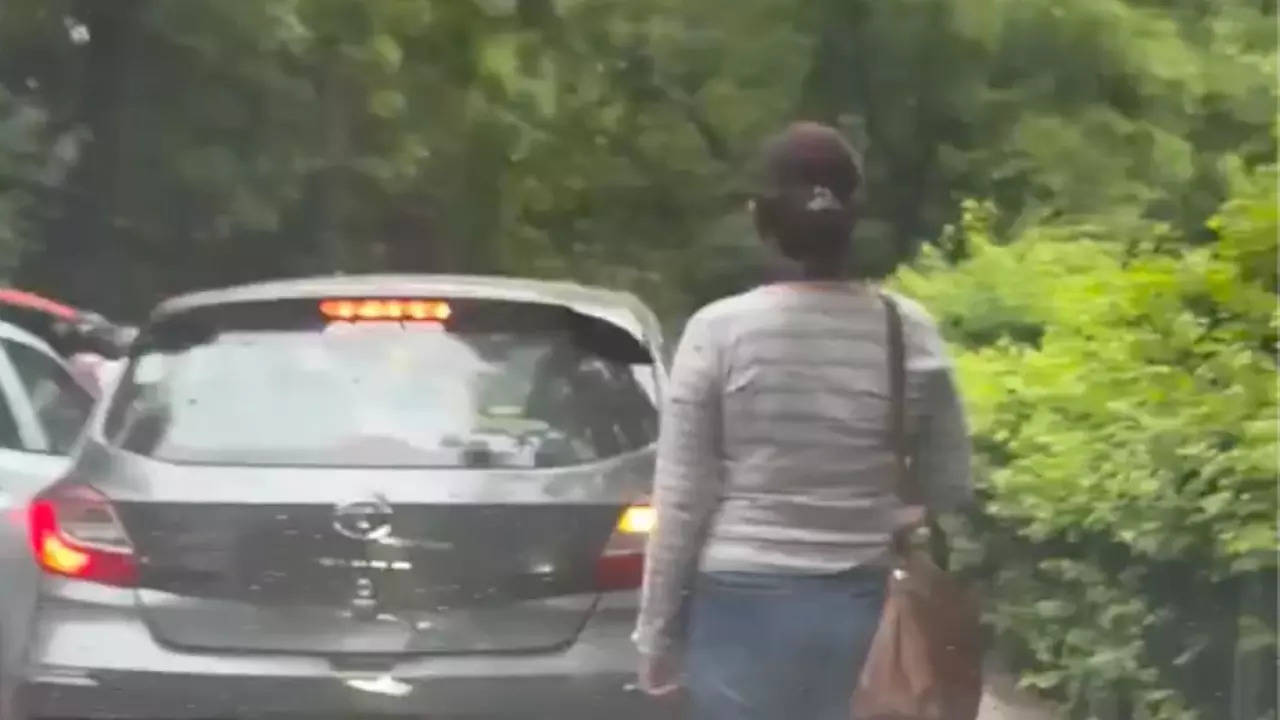 viral video: woman pedestrian behaves like car in traffic