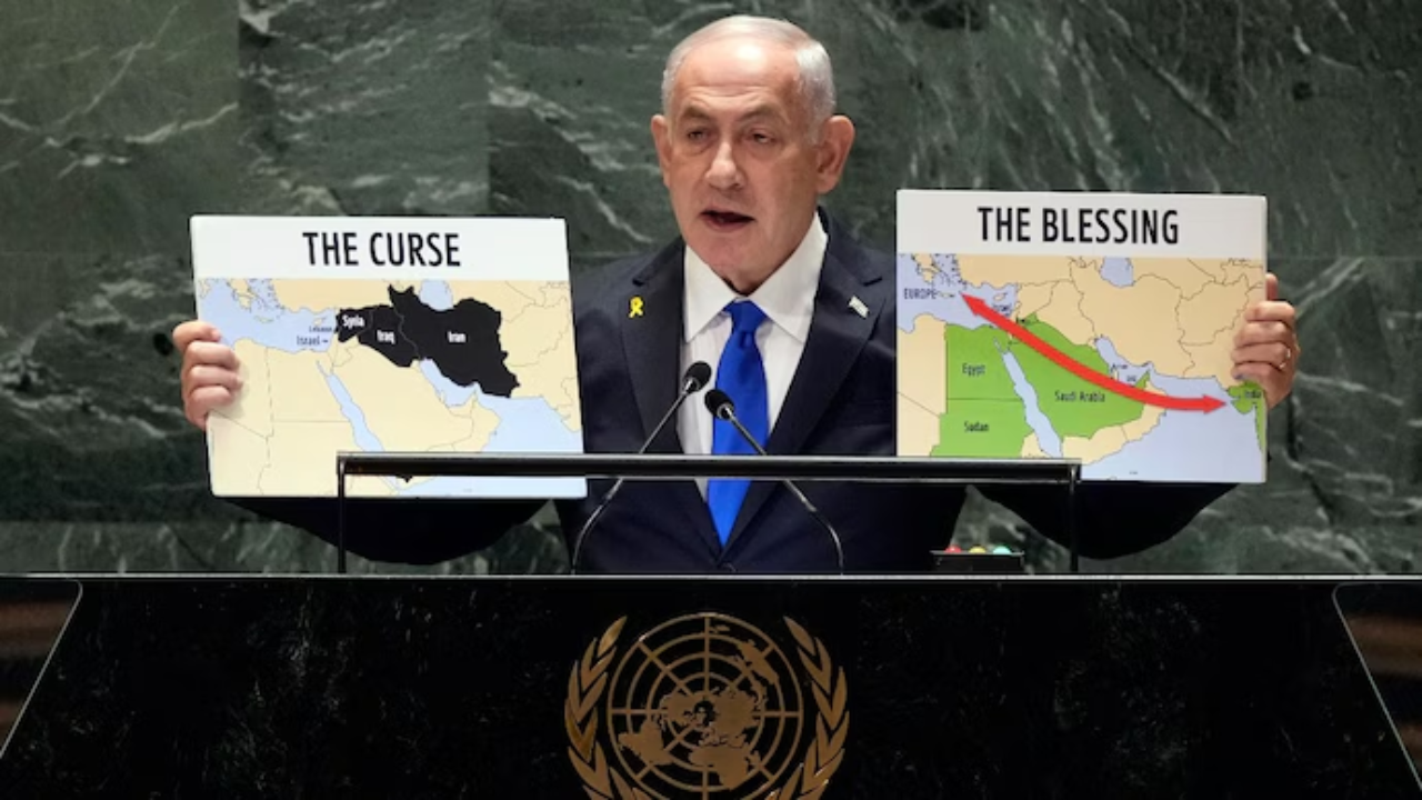 at un, netanyahu shows 2 maps with no palestine, india shown as 'the blessing', iran 'the curse' - watch