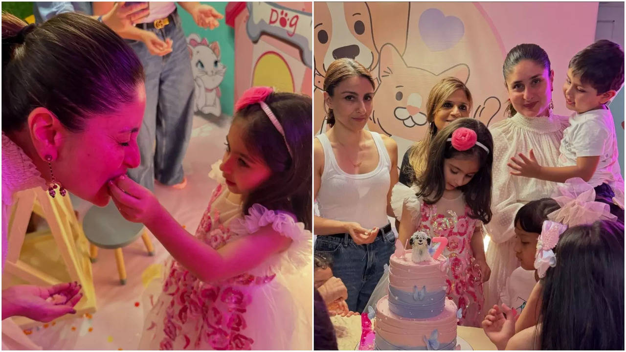 soha ali khan's daughter inaaya celebrates 7th birthday with kareena kapoor, little jeh sets his eyes on the cake