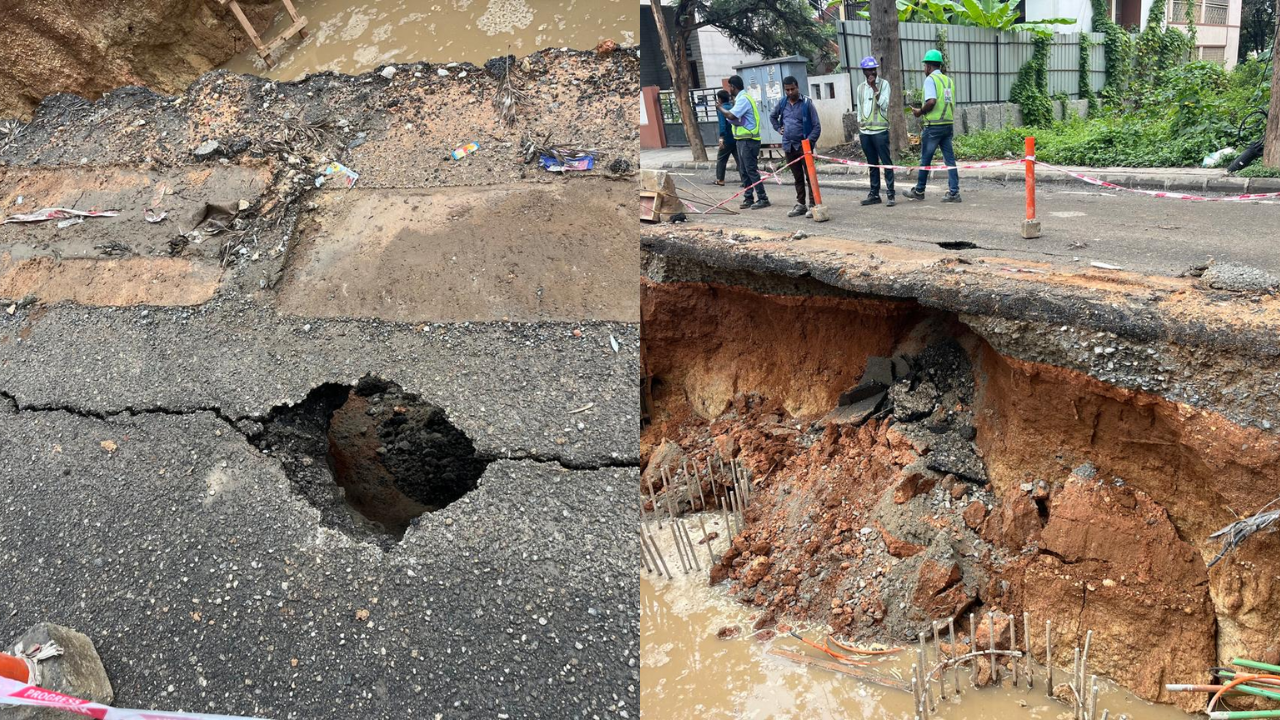 portion of bengaluru's outer ring road caves in at karthik nagar, traffic diverted to main road-visuals