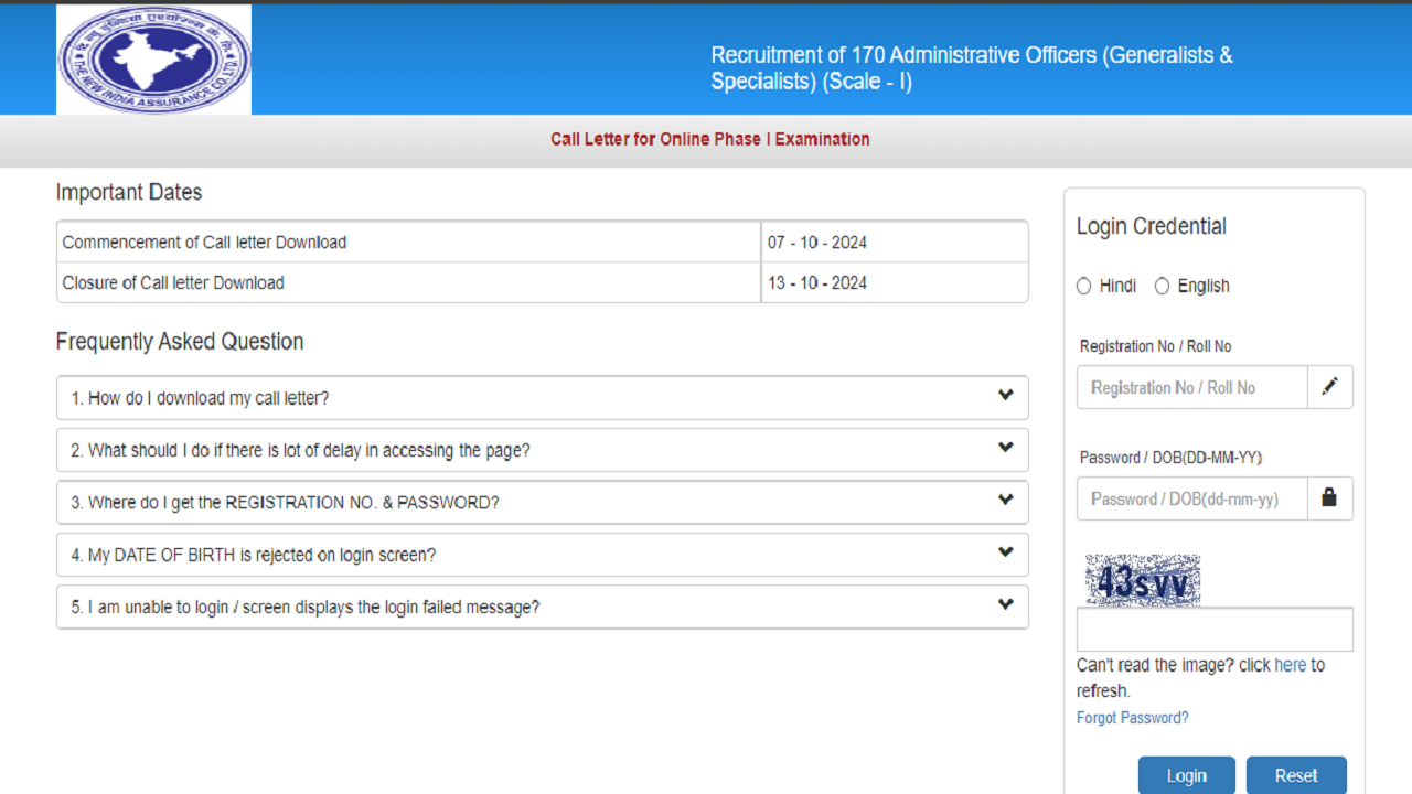 niacl ao admit card 2024 released on newindia.co.in, new india assurance prelims exam on october 13