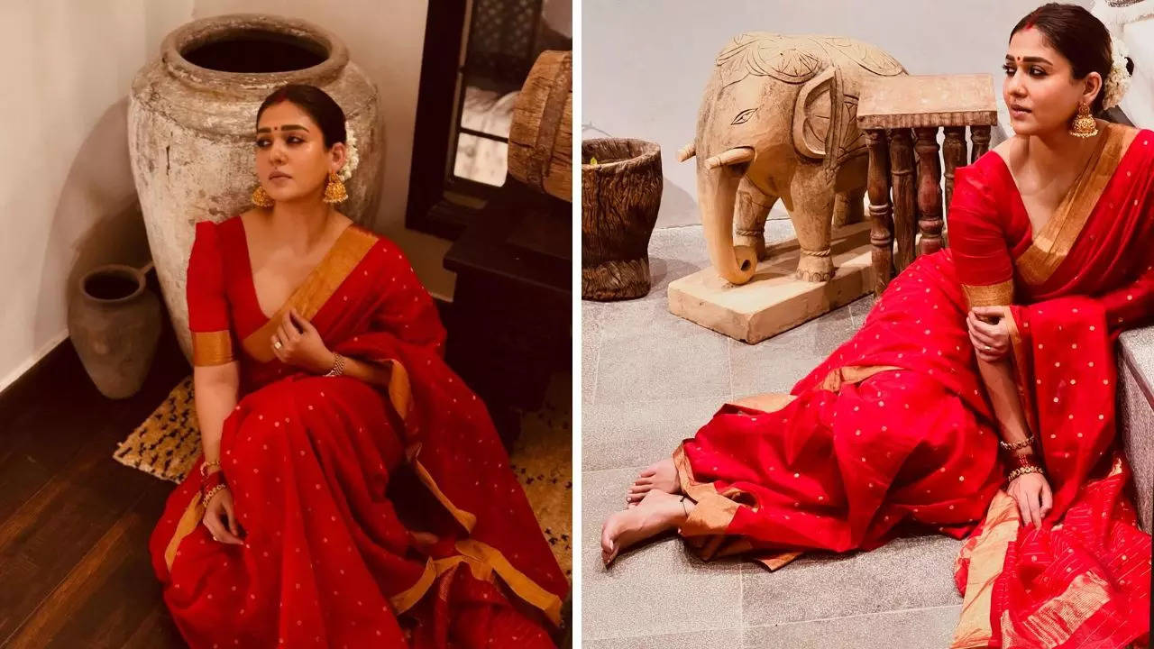 south superstar nayanthara stuns in a traditional red chanderi silk saree, setting festive season fashion goals