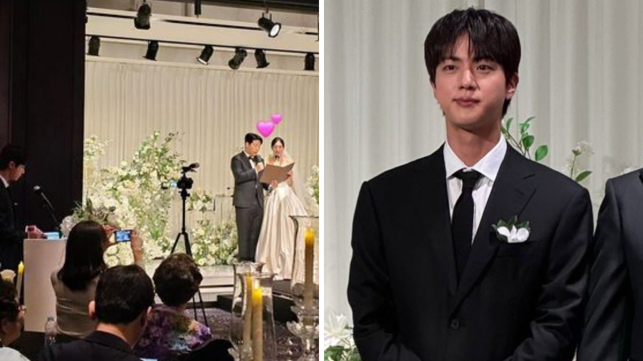 bts' jin turns host for close friend's wedding, serves visuals in classic black suit. watch