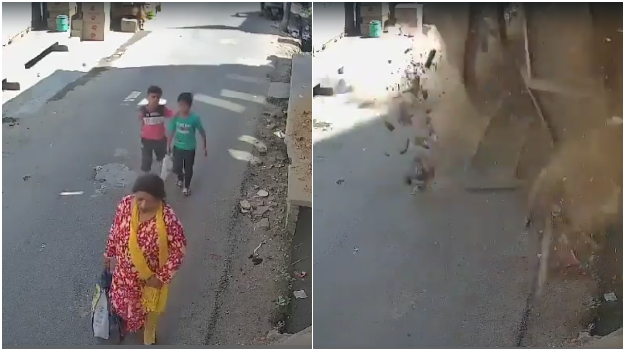 heart-stopping moment! 2 children narrowly escape building collapse in uttar pradesh's meerut - video