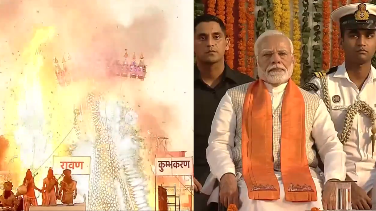 watch: pm narendra modi celebrates dussehra at delhi red fort, effigies of ravana, meghnad & kumbhakarna burnt