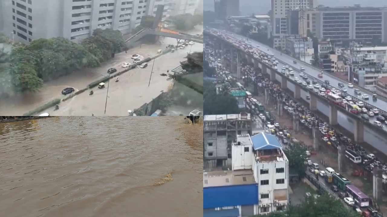 bengaluru rain floods manyata tech park roads submerged india new zealand test match kia airport traffic hit underpasses closed videos