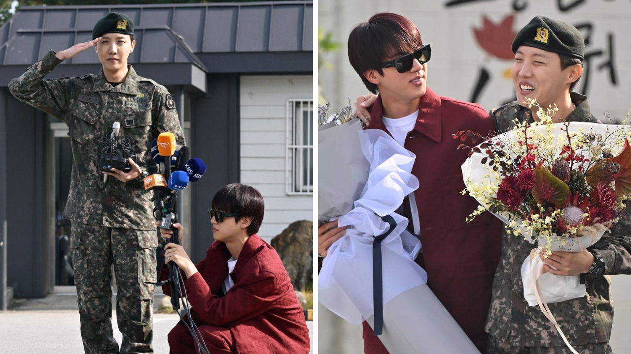 bts' jin surprises j-hope with huge bouquet at military discharge ceremony; rm, suga, v, jimin, jungkook give it a miss