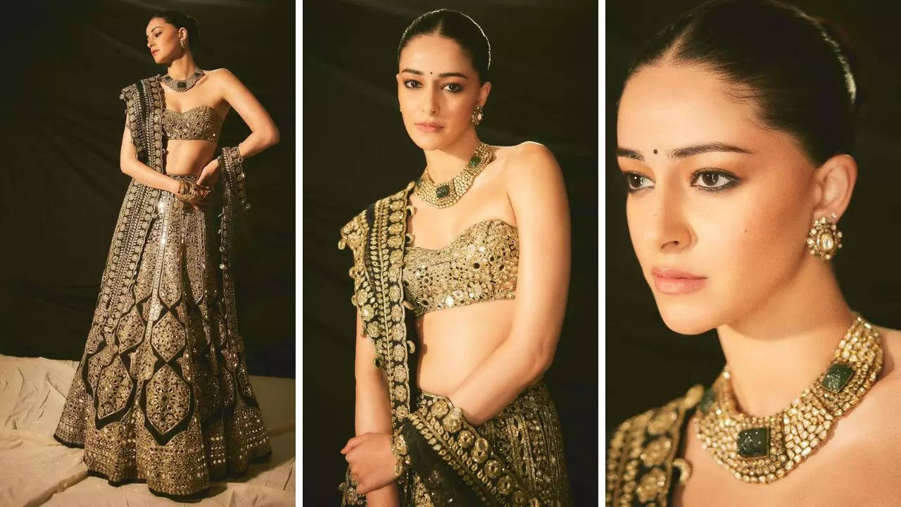 ananya panday’s black and gold lehenga by designer arpita mehta is the ultimate festive glam outfit