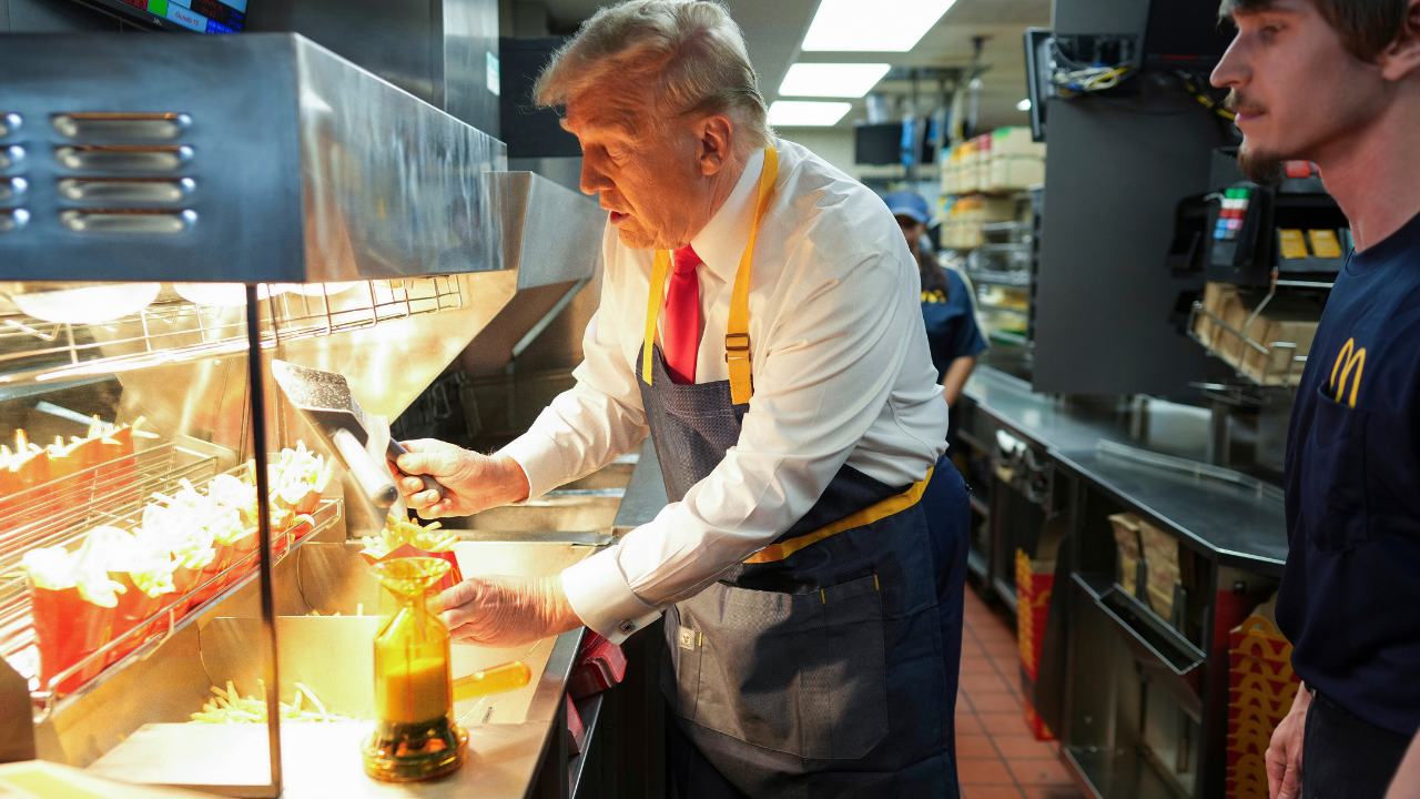 french fries please! apron-wearing donald trump serves at feasterville mcdonald's