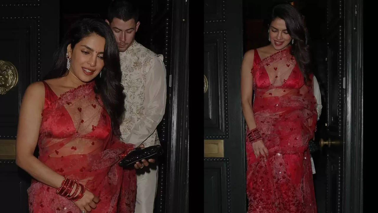 priyanka chopra, nick jonas host diwali dinner in london, actress turns heads in red saree. see pics