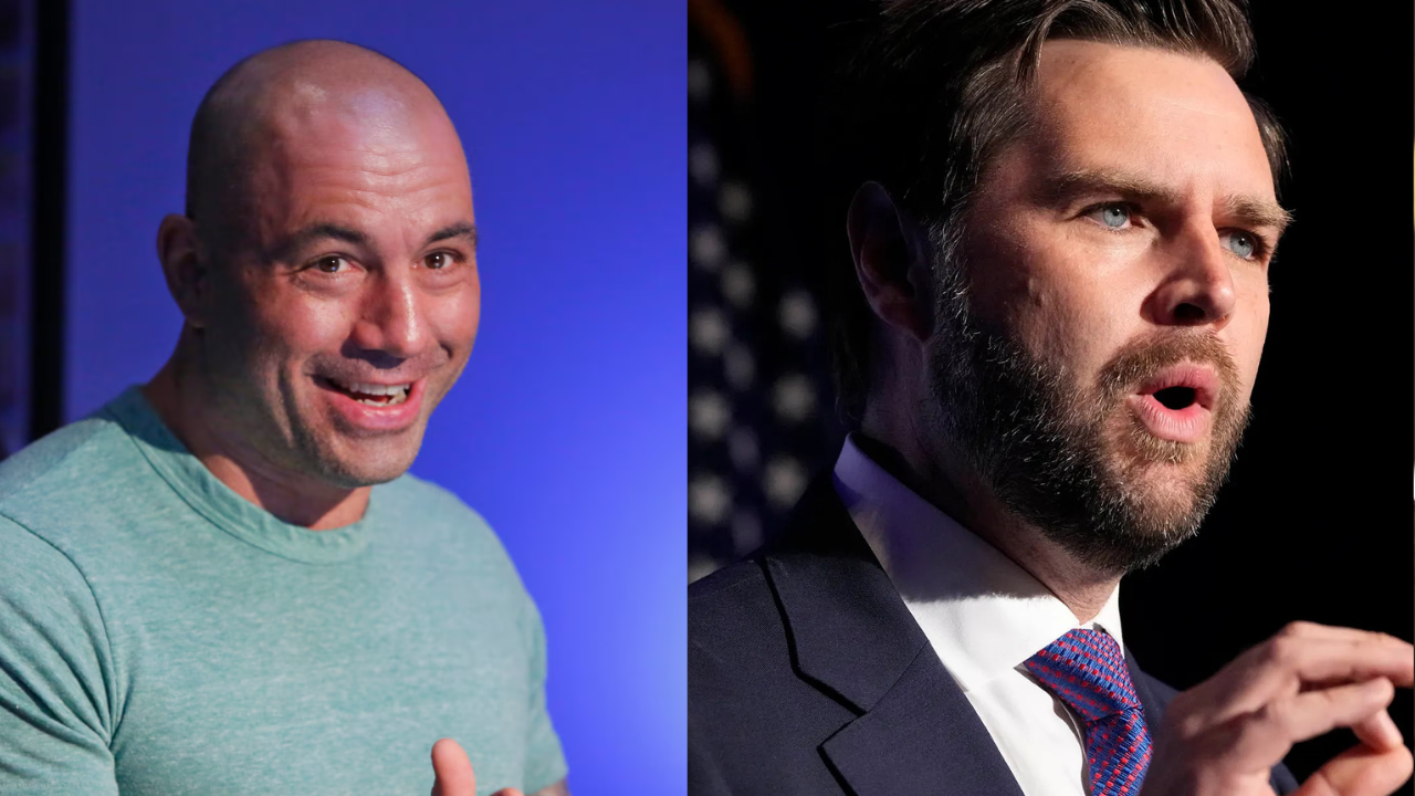 jd vance mimics kamala harris on joe rogan's podcast | watch