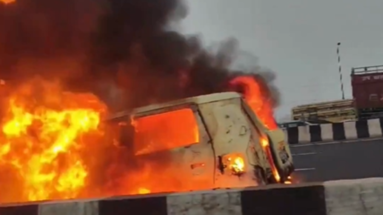 video: car catches fire on delhi-meerut expressway near indirapuram, ghaziabad