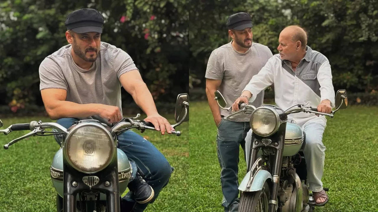 salman khan poses with dad salim khan, his first bike. internet calls them 'coolest'