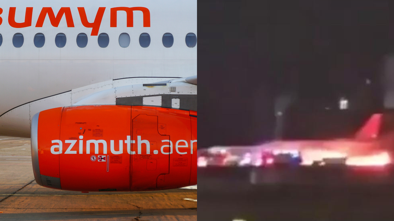 russian azimuth airlines sukhoi superjet 100 catches fire at turkey antalya airport | videos