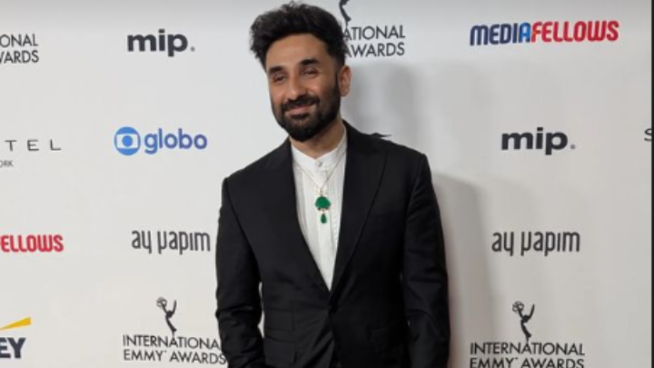 vir das walks 2024 emmys red carpet in formal black suit crafted by brand new delhi-based designer