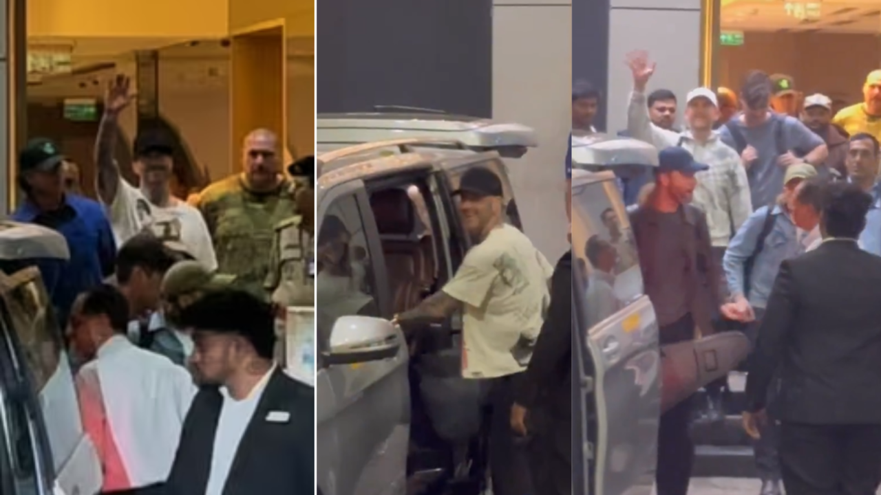 maroon 5 arrives in india for 1st ever concert in mumbai. adam levin, james valentine and other members wave at paps